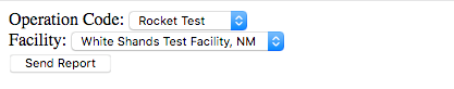 Web form with select inputs with "Rocket Test" and "White Sands Test Facility, NM" selected.