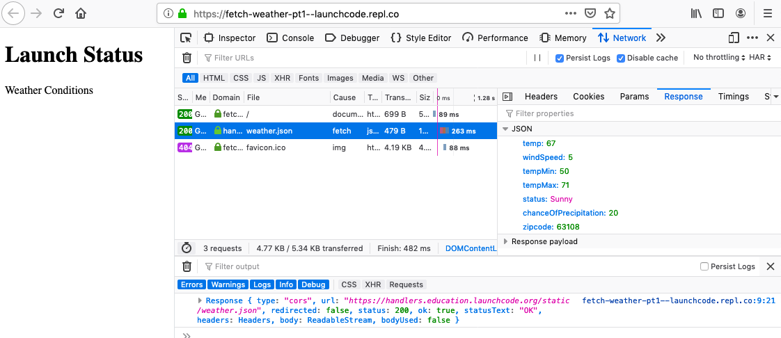 Screen shot showing developer tools open with the network call to the API highlighted.