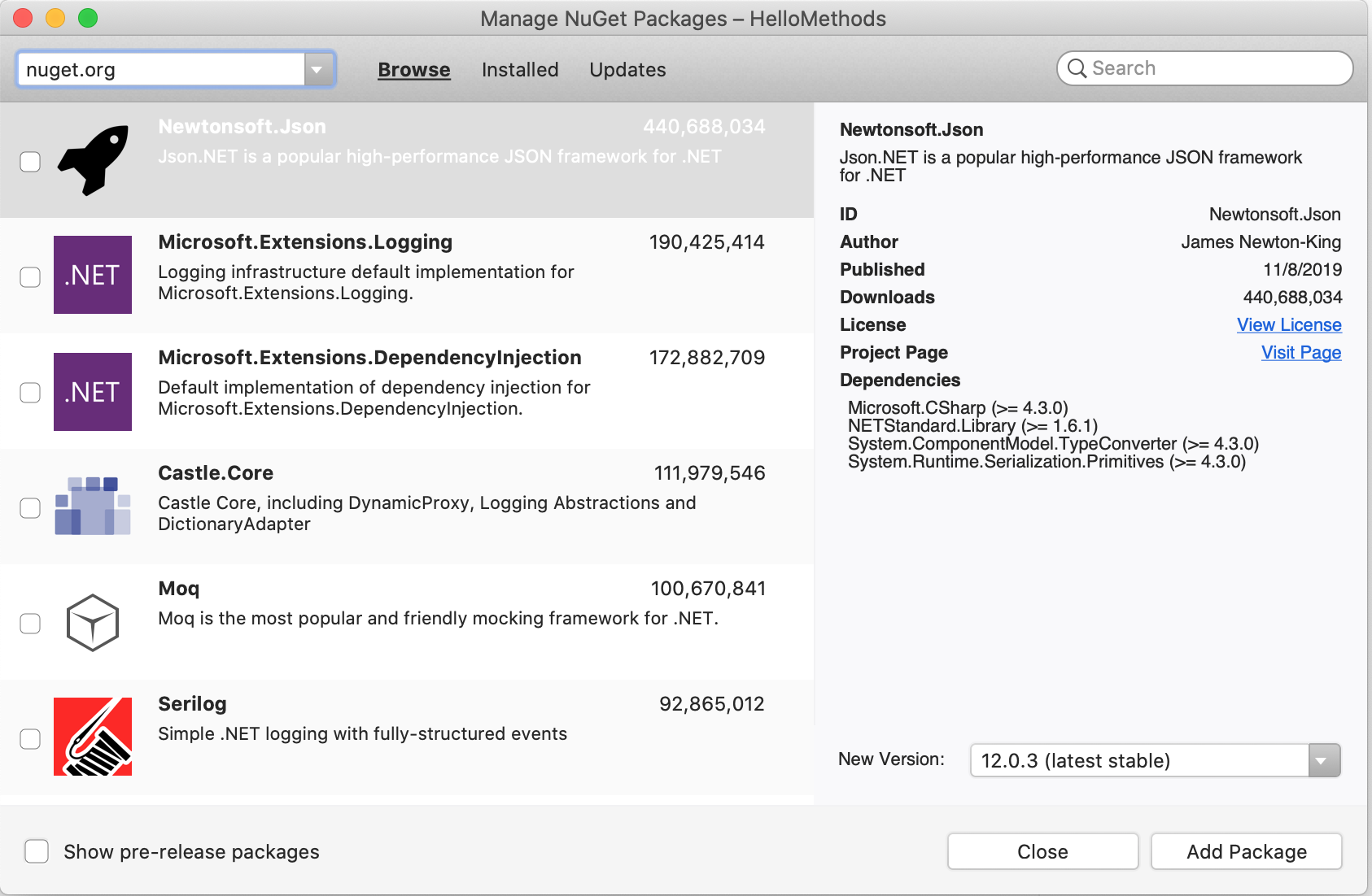 Package browsing view of the NuGet package manager window