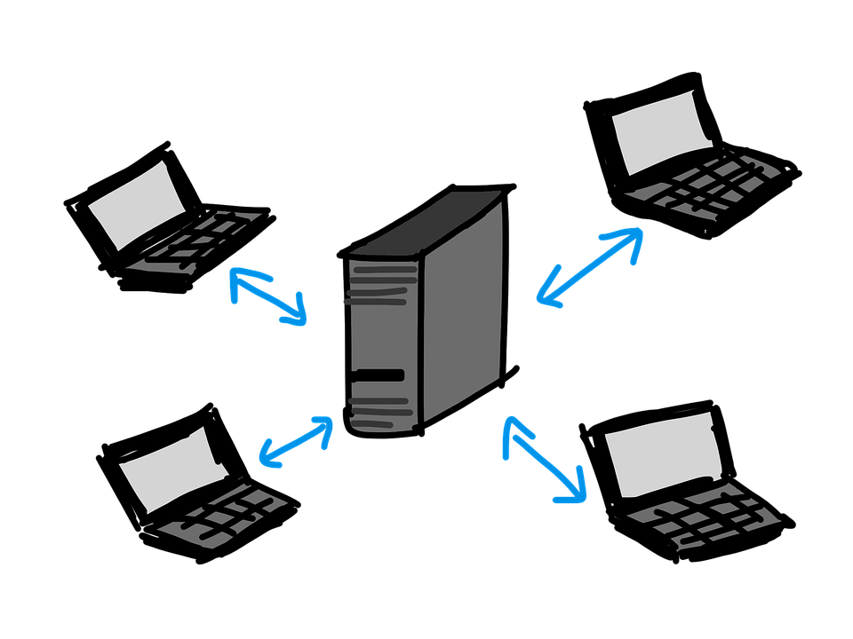 A server surrounded by several client computers, connected by arrows.