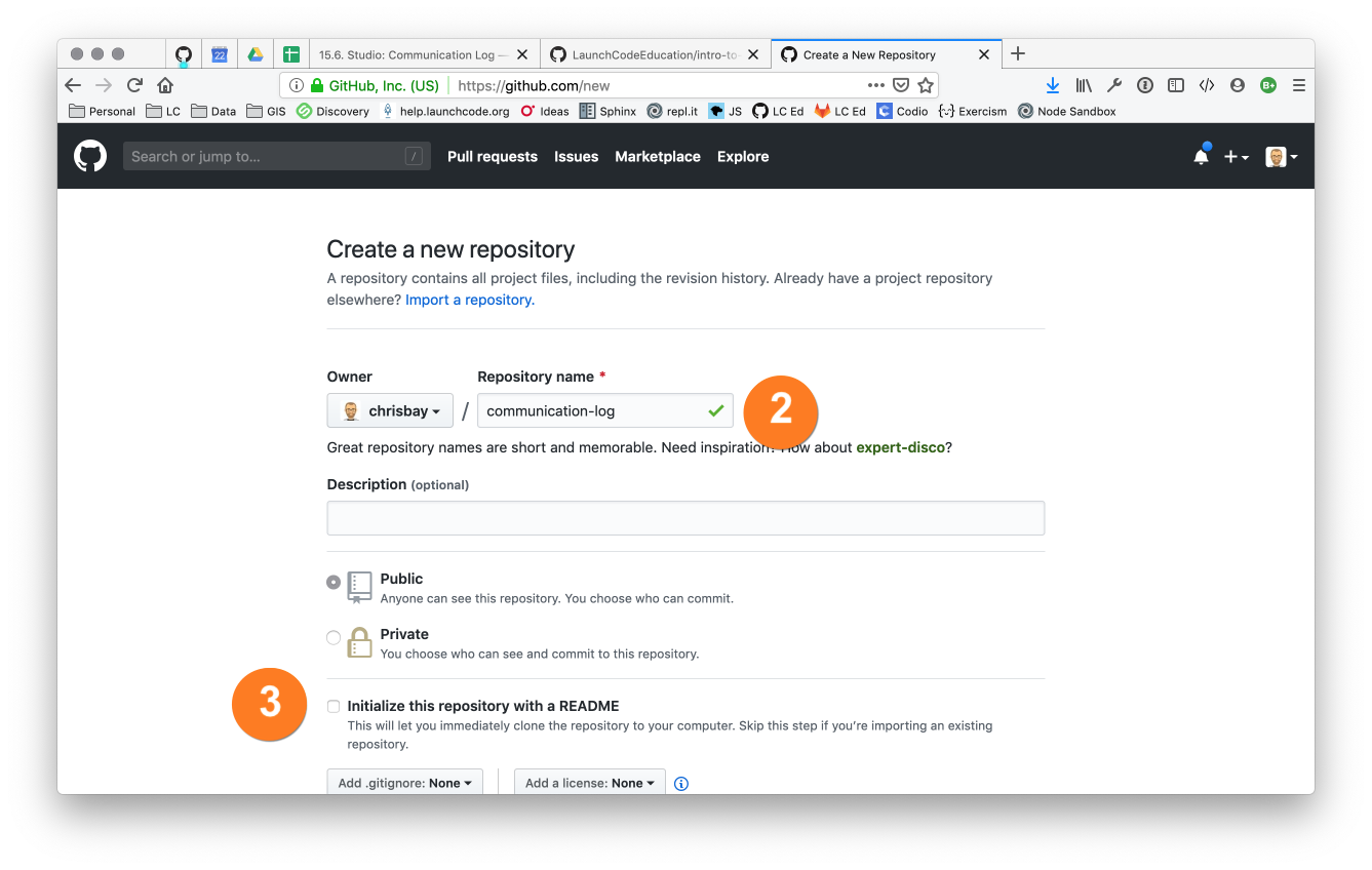 Creating a new repository in GitHub by filling out the form