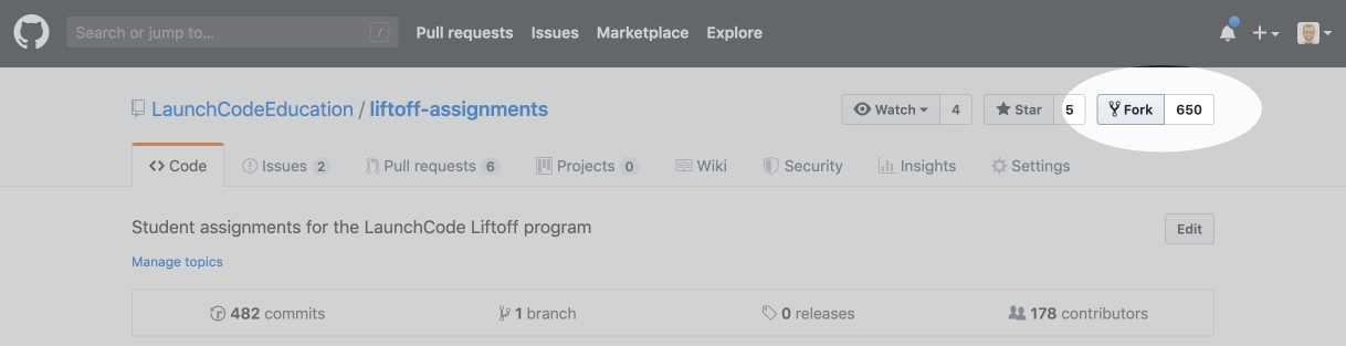 The fork button is at the top right of a project page on GitHub