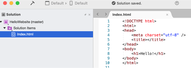 Image of HTML boilerplate in Visual Studio IDE