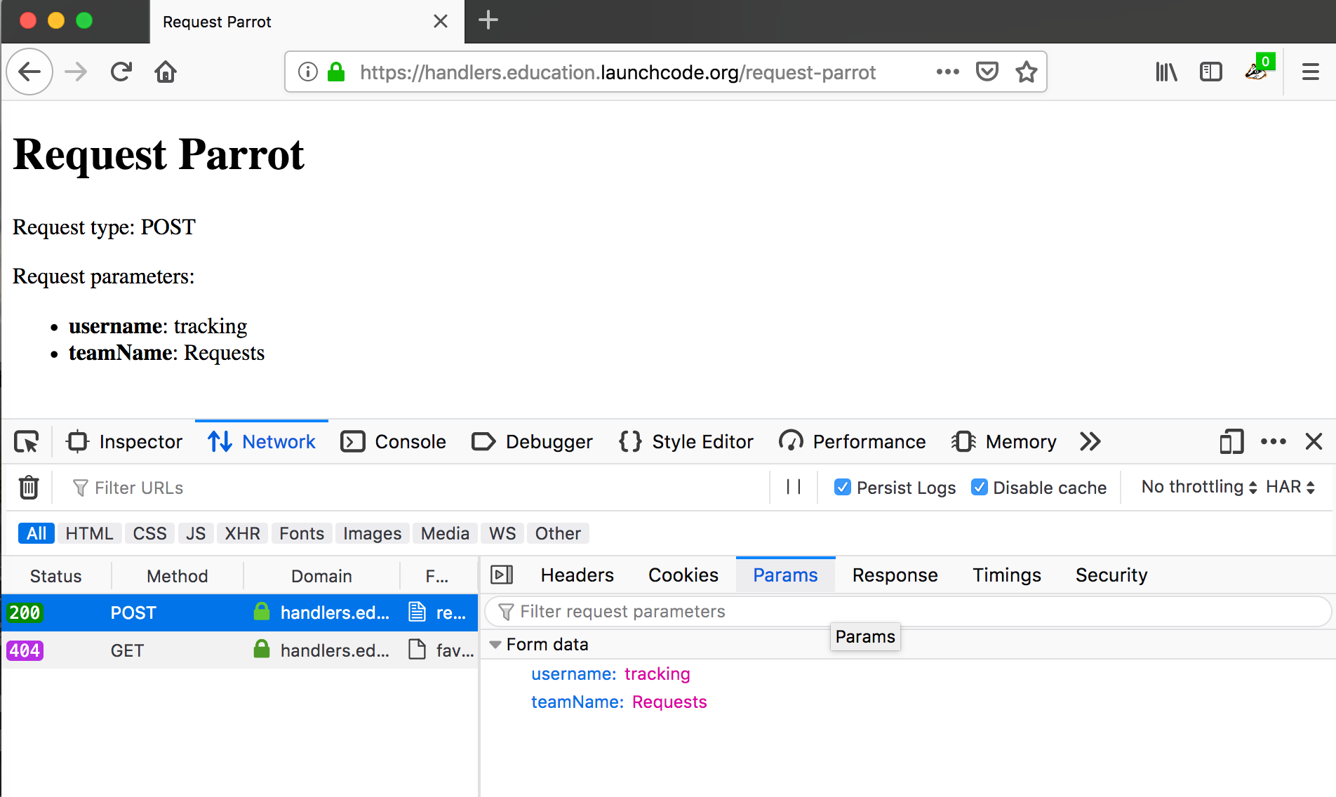 POST request highlighted with Params tab open showing Form data.