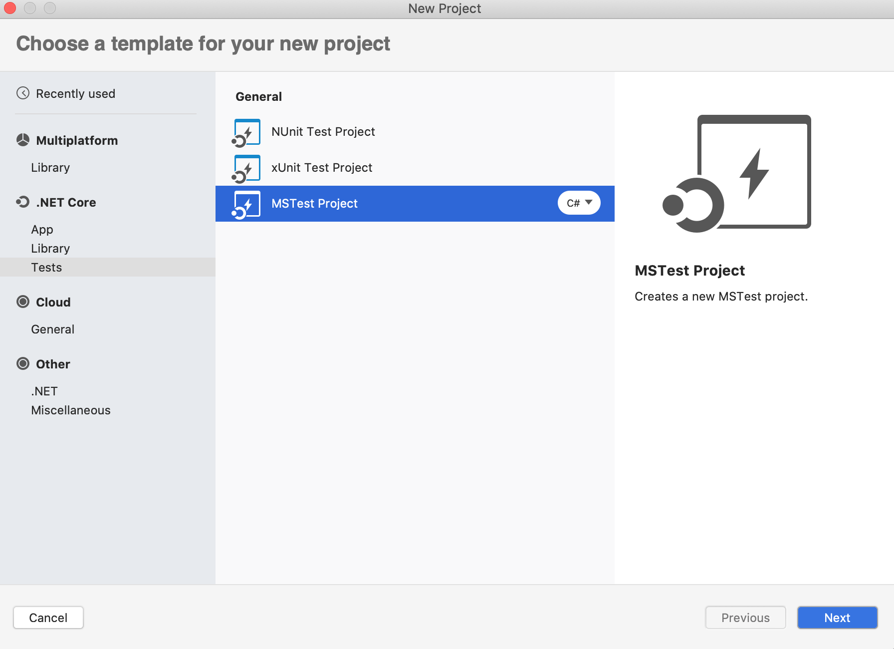 MAC: User selects MSTest project template in Visual Studio