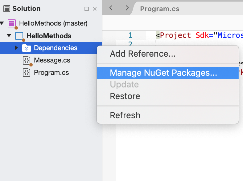 User selecting "Manage NuGet Packages" from dependencies dropdown menu
