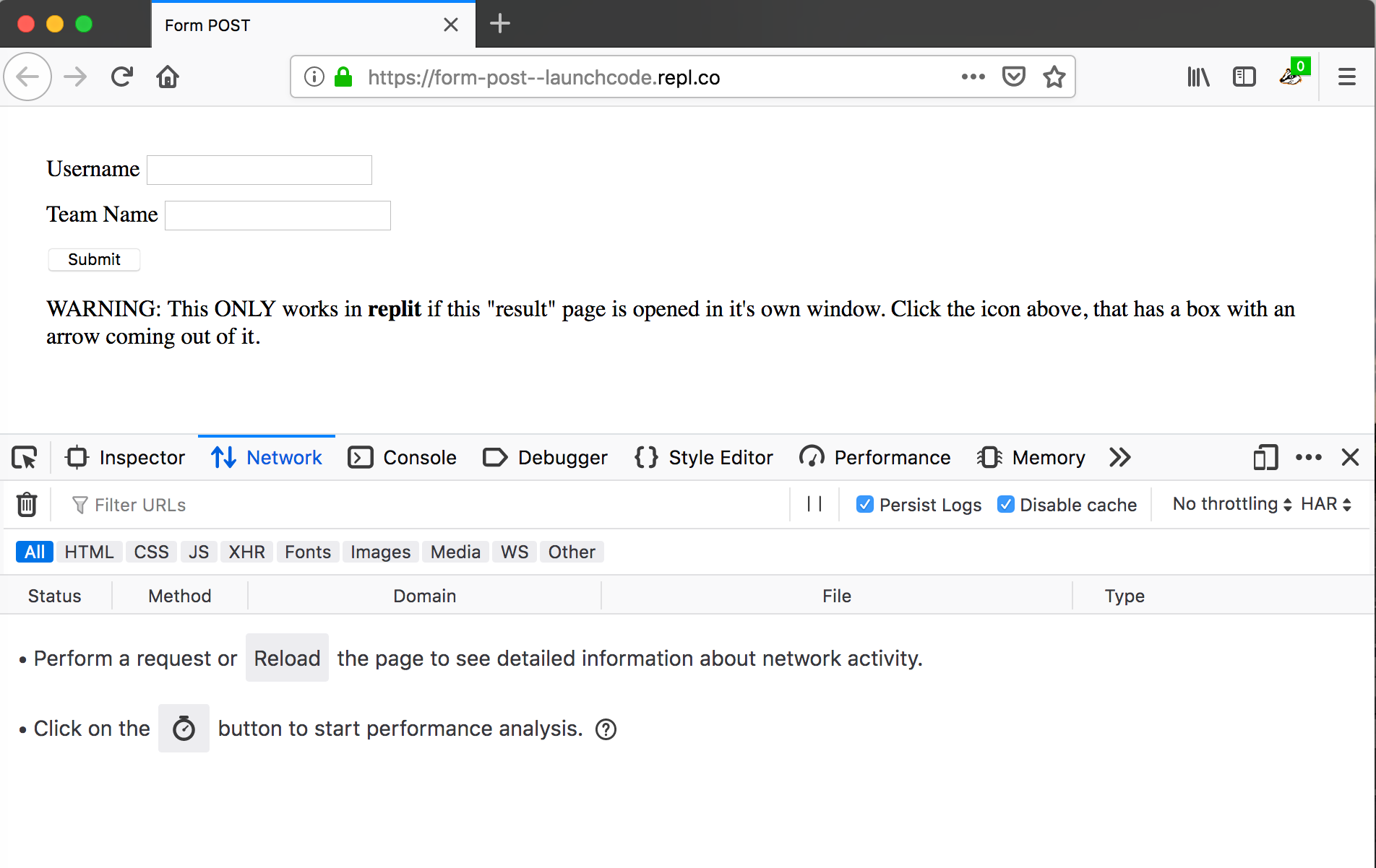 Screen shot of firefox browser with form loaded and network tab open.