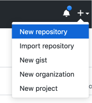 The New Repository link in the dropdown menu at top right on GitHub.