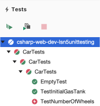 Graphic of testing output with red 'x' indicating we failed our NumberOfWheels test.