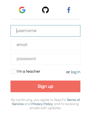 Repl.it sign-up screen