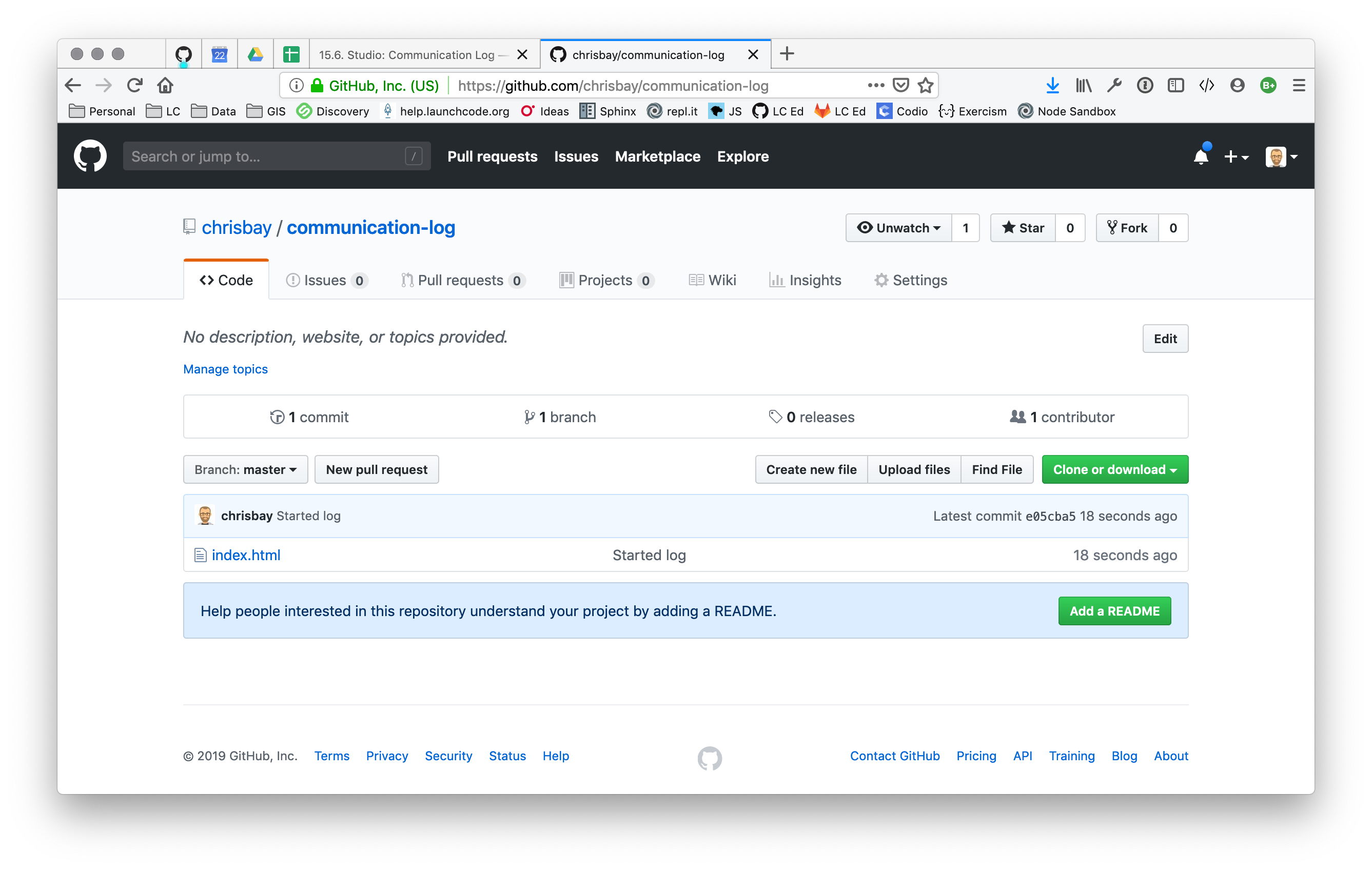 A repository with one commit in GitHub