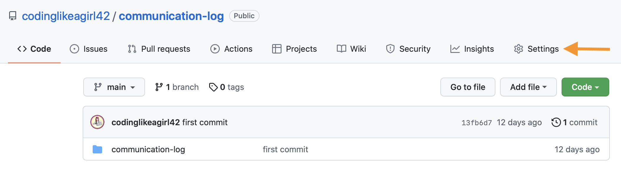 Location of Settings button for a GitHub Repo