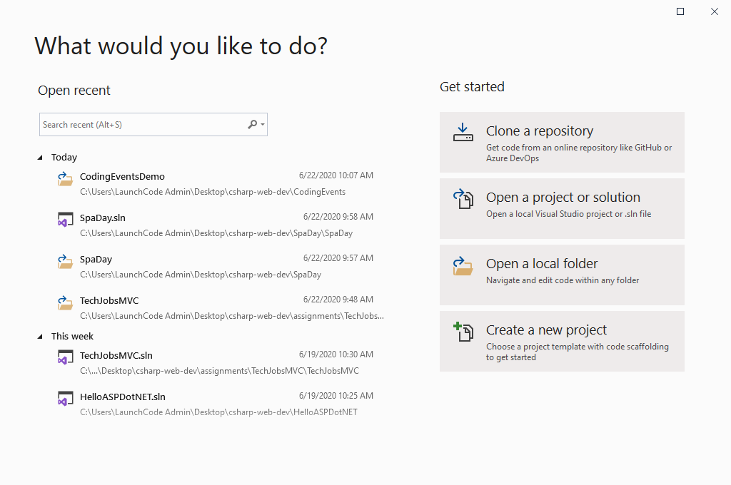 Image showing the project items available to be opened in Visual Studio.