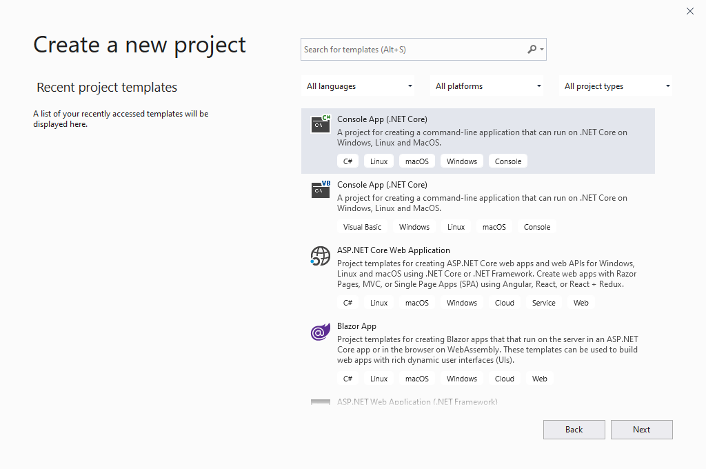 WINDOWS: Visual Studio console application template selection.