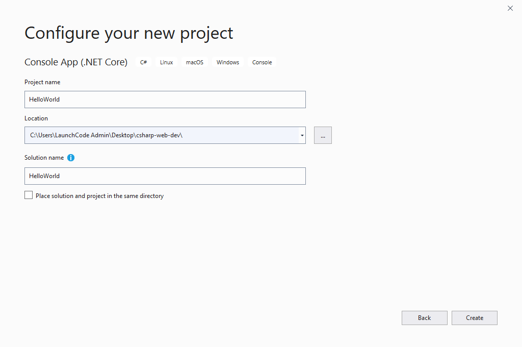 WINDOWS: Name a new Visual Studio Project.
