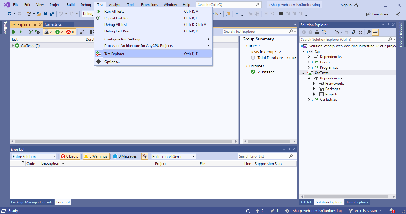 WINDOWS: User selecting Test Explorer option in Visual Studio Test Menu