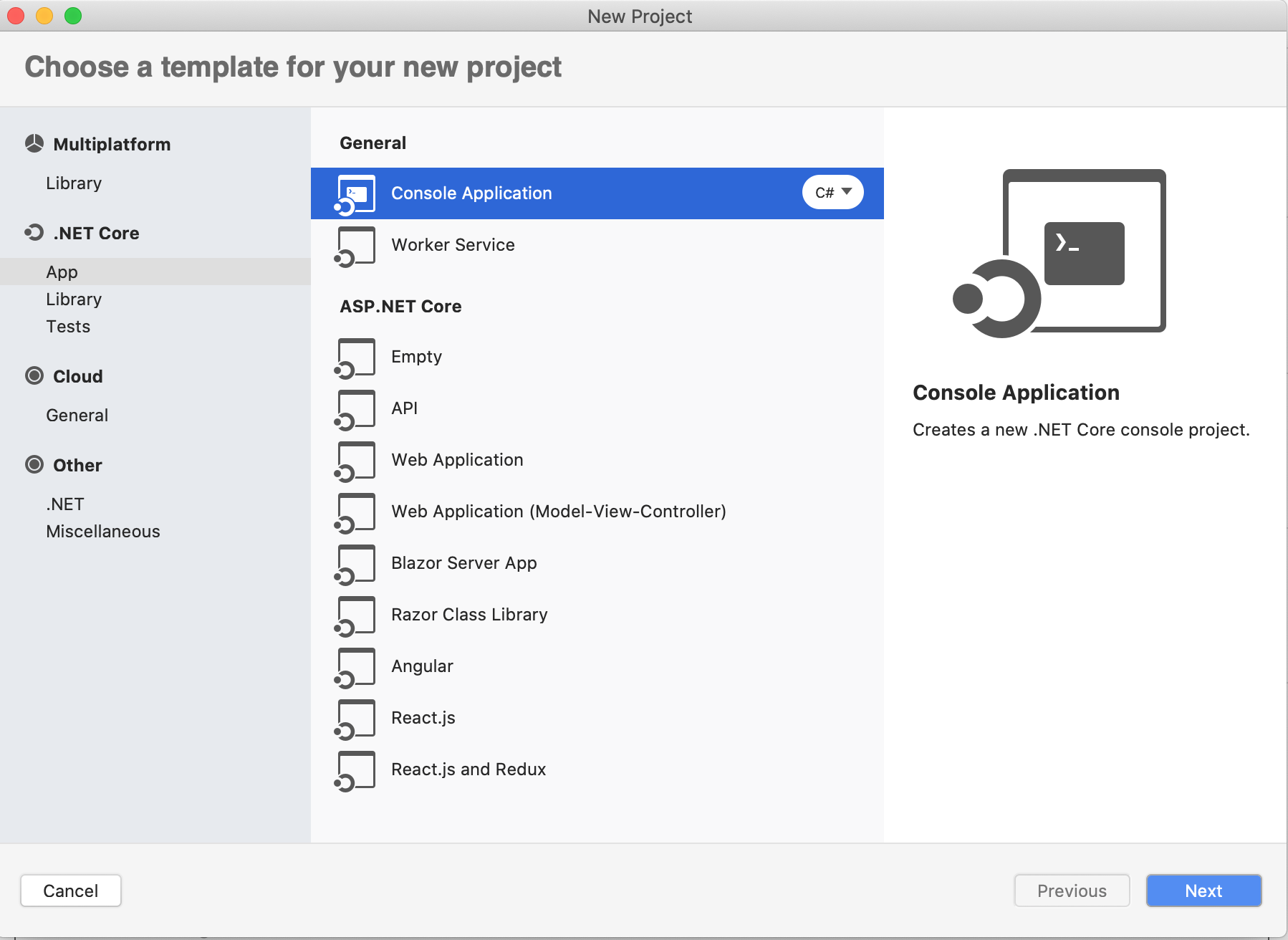 MAC: Visual Studio console application template selection.
