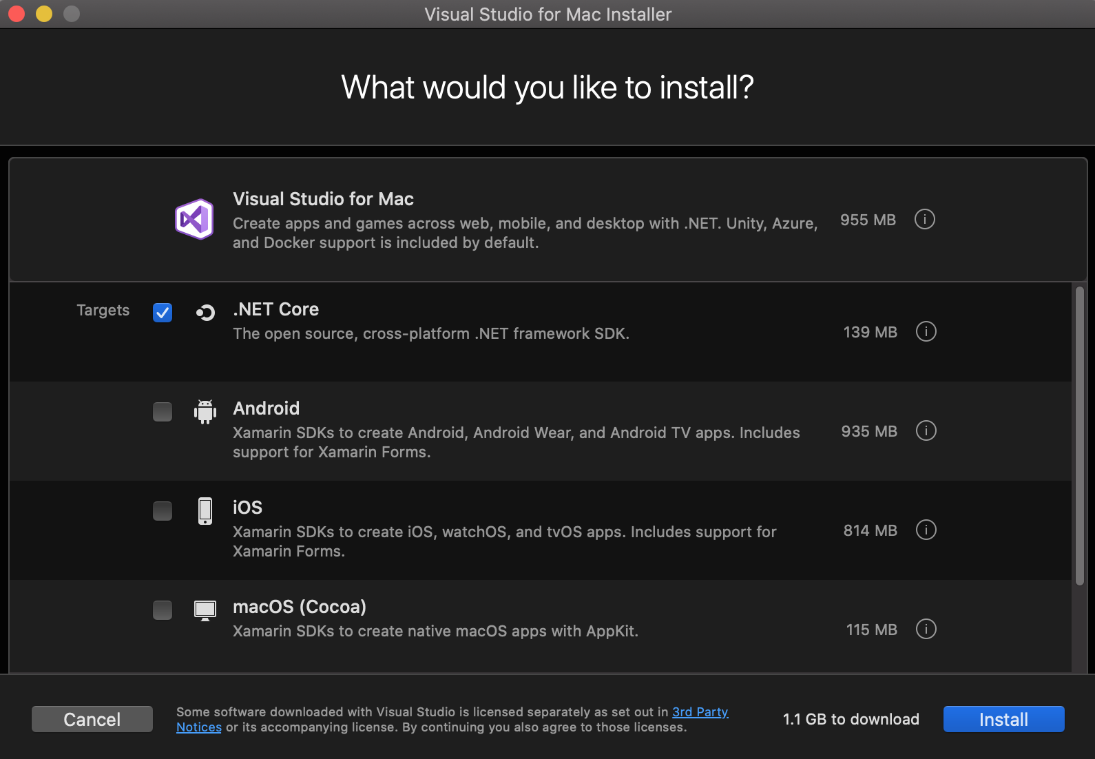Select Visual Studio .NET Core package to install.