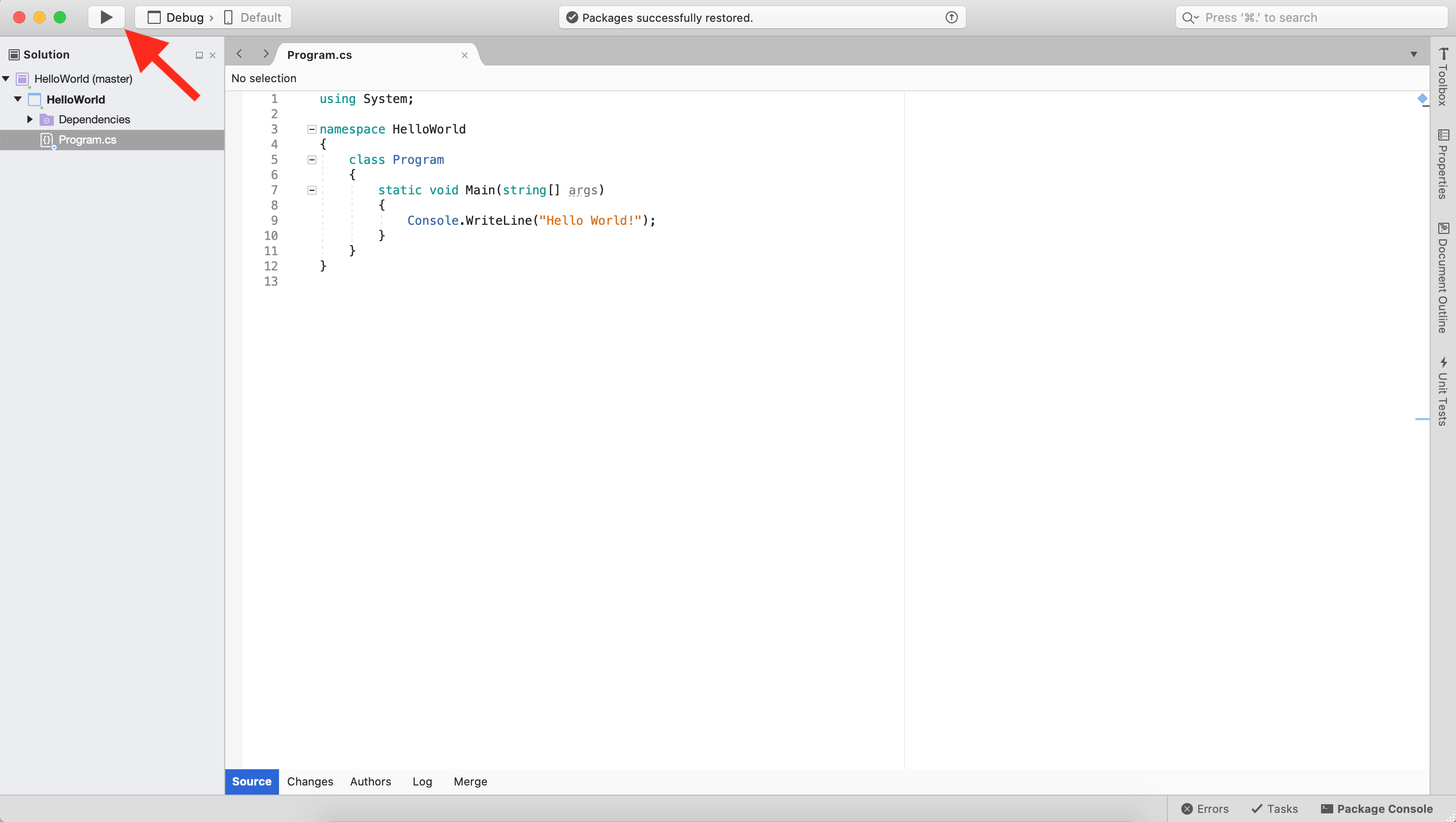 MAC: A new Visual Studio Project with run button indicated.