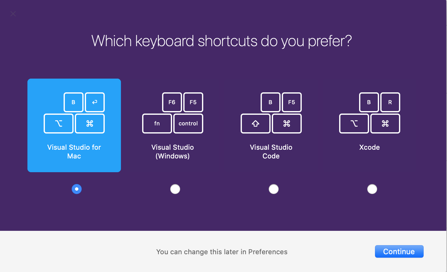 Visual Studio keyboard shortcut selection.