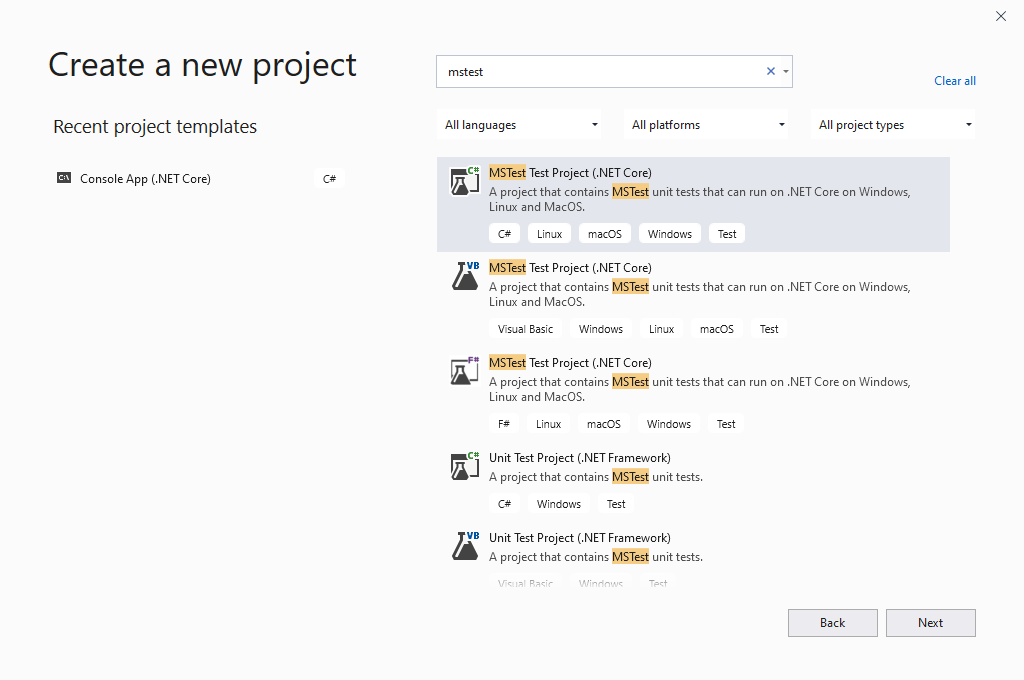 WINDOWS: User selects MSTest project template in Visual Studio