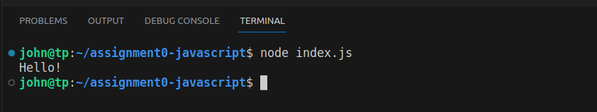 Output of command &ldquo;node index.js&rdquo; within terminal
