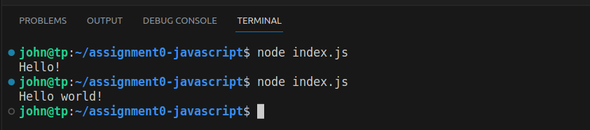 Node command after changing the hello string inside of hello.js