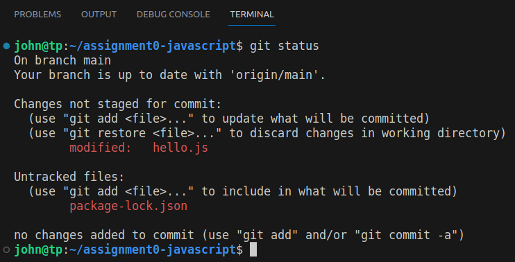 Image of terminal window after running the git status command