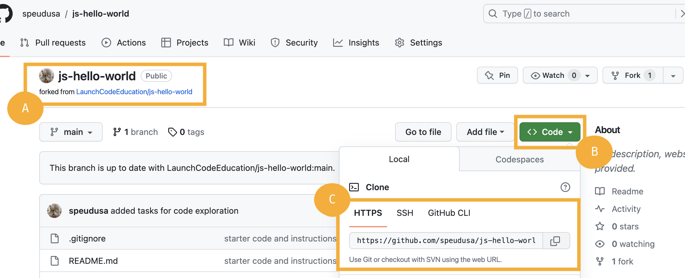 GitHub page pointing out that the repo was forked, dropdown menu to clone code is set for HTTPS