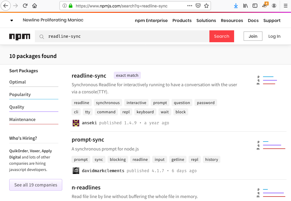 Results for searching readline-sync within the NPM registry