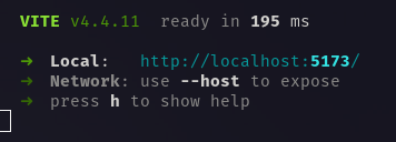 Image of running application on localhost:5173 after executing the npm run dev command