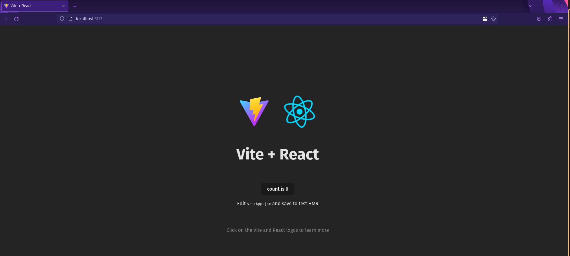 Image of running react application scaffolded with Vite