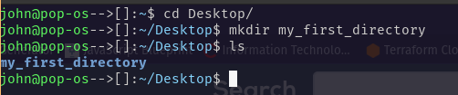 Image of terminal after changing into the desktop directory, making a directory called my_first_directory and listing directory contents