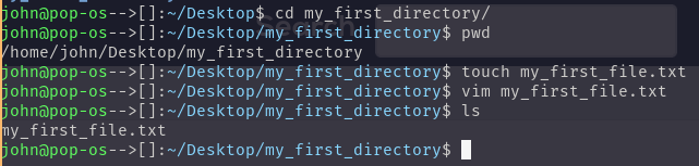 Image of terminal after changing into my_first_directory, printing current working directory, making a file called my_first_file.txt, editing the file with vim, and listing directory contents