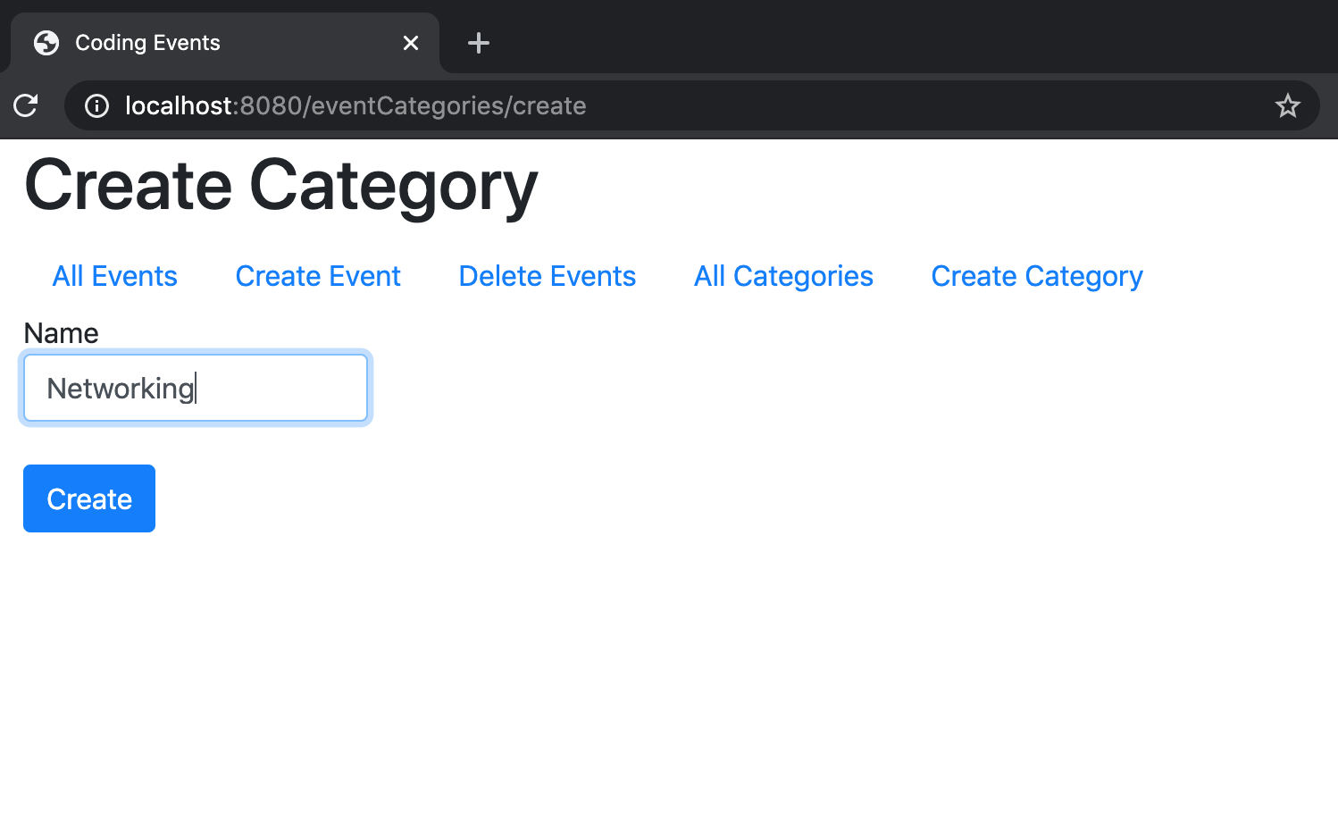 Screenshot showing the category form filled out with the word "Networking".