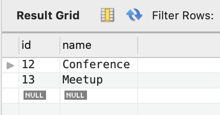 The event_category table with two rows