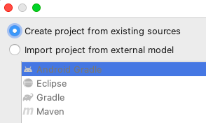 Create project from existing sources radio button.