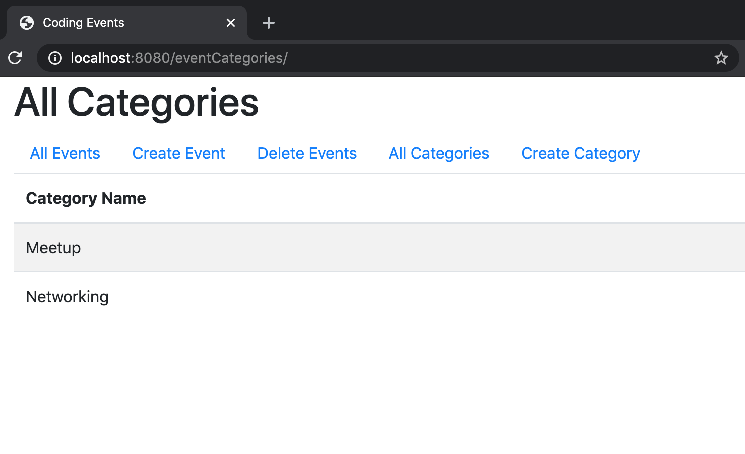 Screenshot showing the categories table with "Meetup" and "Networking" in it.