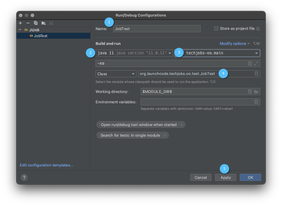 The JUnit run configuration form with the values we have entered