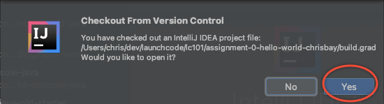 IntelliJ asks whether or not you want to open the project after cloning