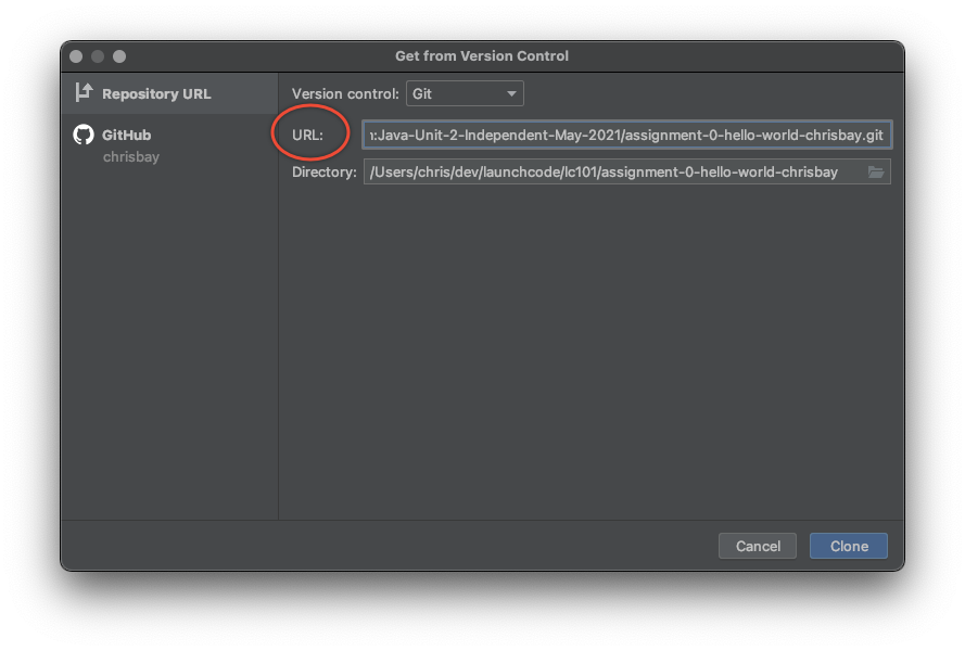 Paste the clone URL in IntelliJ's URL field