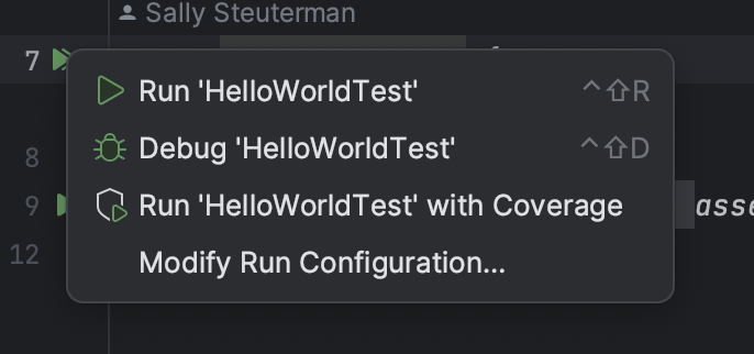 The double play icon runs all tests in the file