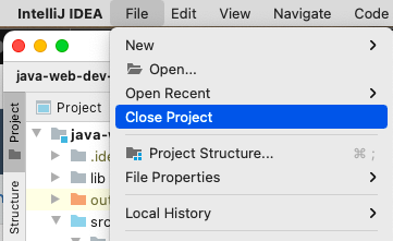 Find the Close Project option under the File menu.