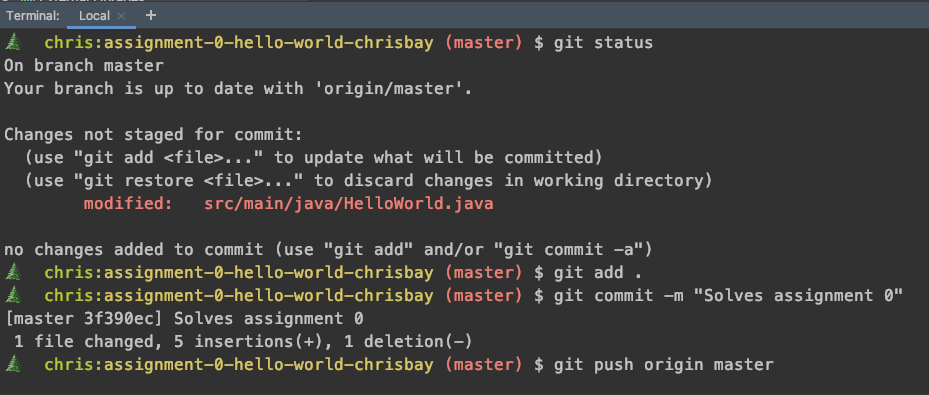 Git commands to commit and push code inside the Terminal pane