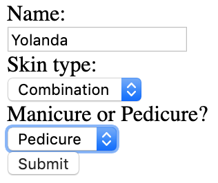 Form completed with the name, "Yolanda", combination skin and a preference for pedicures.