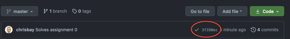 A green checkmark next to the most recent commit ID