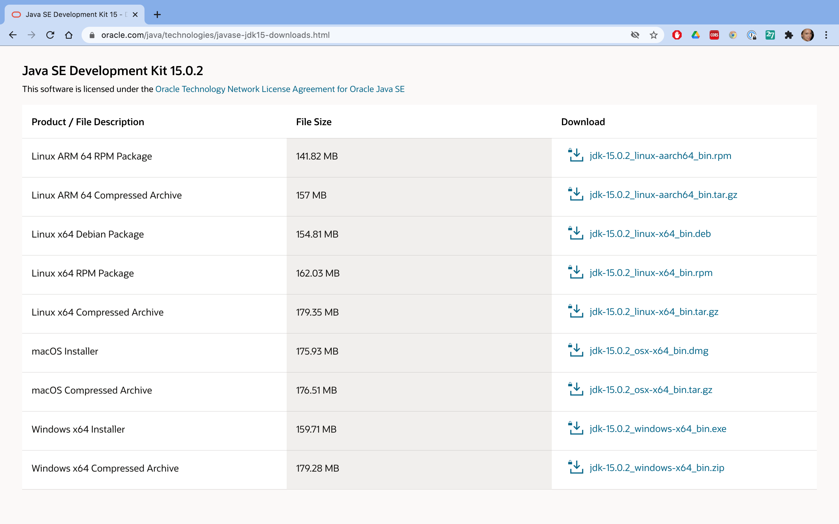 Screenshot of different Java installation options on Oracle's website