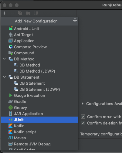 Choose JUnit from the Add Configuration menu