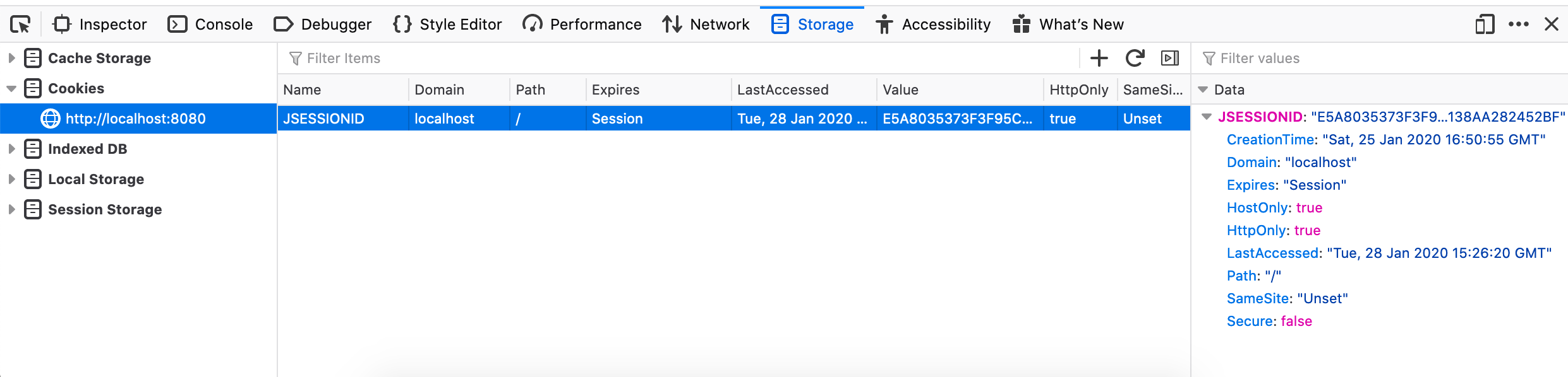 A session cookie visible in the Storage pane of the browser's dev tools.