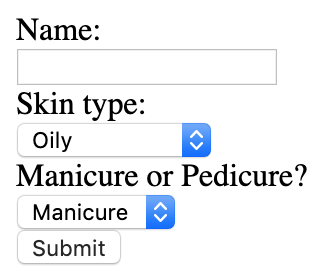 Image showing an empty form with three fields for name, skin type, and whether the person wants a pedicure or manicure.
